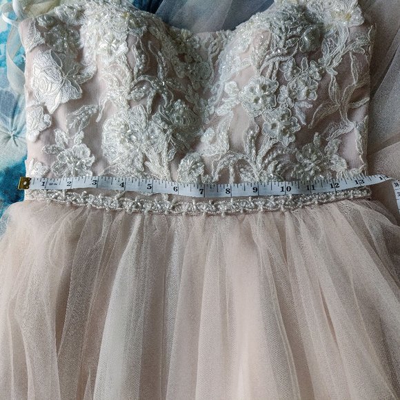 NWOT: Blush / Cashmere Pearl Beaded Lace & Tulle Ballgown with Ribbon Belt - Picture 12 of 12